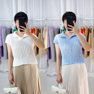Miyake Chạy Tập Phong Cách Xếp Ly Dứa Xếp Ly Ngắn Tay Top Nữ Phù Hợp Với Mỏng Hơn Nhìn Sang Trọng Thường Ngày Hàng Đầu