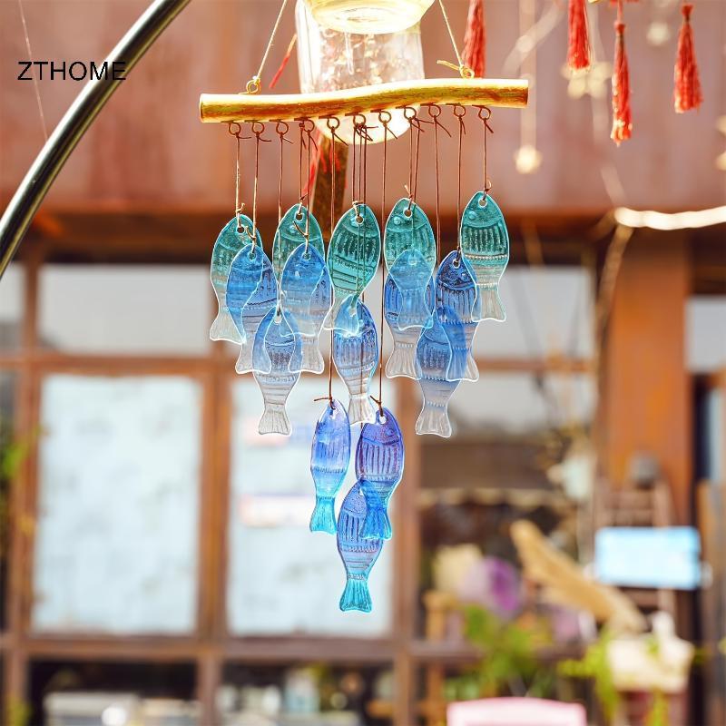 ZTHOME Trang Trí Kính Xanh Cá Chuông Gió Sân Vườn Ngoài Trời Treo Chuông Thủ Công Cho Sân Và Hiên Nhà HOT