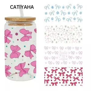 Nhãn dán chuyển CATIYAHA UV DTF, Nhãn dán bọc chống thấm nước, Đề can nơ màu hồng mịn DIY sáng tạo cho cốc thủy tinh 16Oz