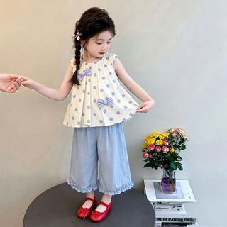 Bộ đồ bé gái mùa hè chấm bi - Áo sát nách đính nơ phối quần ống rộng thời trang dễ thương