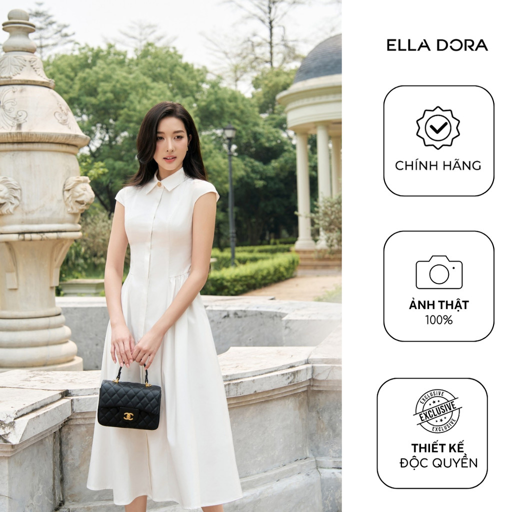 Đầm công sở ELLA DORA cổ sơ mi tay hến phối nẹp giấu cúc dáng dài hiện đại dễ mặc màu TRẮNG [D299]