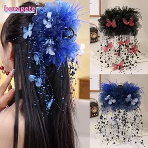 Kẹp Tóc BORAGETE, Kẹp Vuốt Tua Rua Lớn, Hoa Lưới Thời Trang Thanh Lịch Cổ Tích Bướm Cá Mập Kẹp Cho Bé Gái