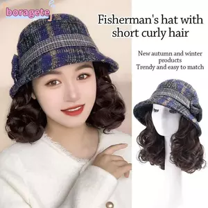 Mũ xô nữ BORAGETE có tóc giả xoăn, nơ dễ thương, giữ ấm mùa thu đông, phong cách casual