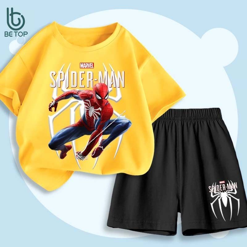 Bộ Đồ Siêu Nhân Người Nhện Cho Bé Trai BETOP, Set Áo Thun Quần Short In Hình Siêu Anh Hùng, Mềm Mát AQ-SPM-MV09