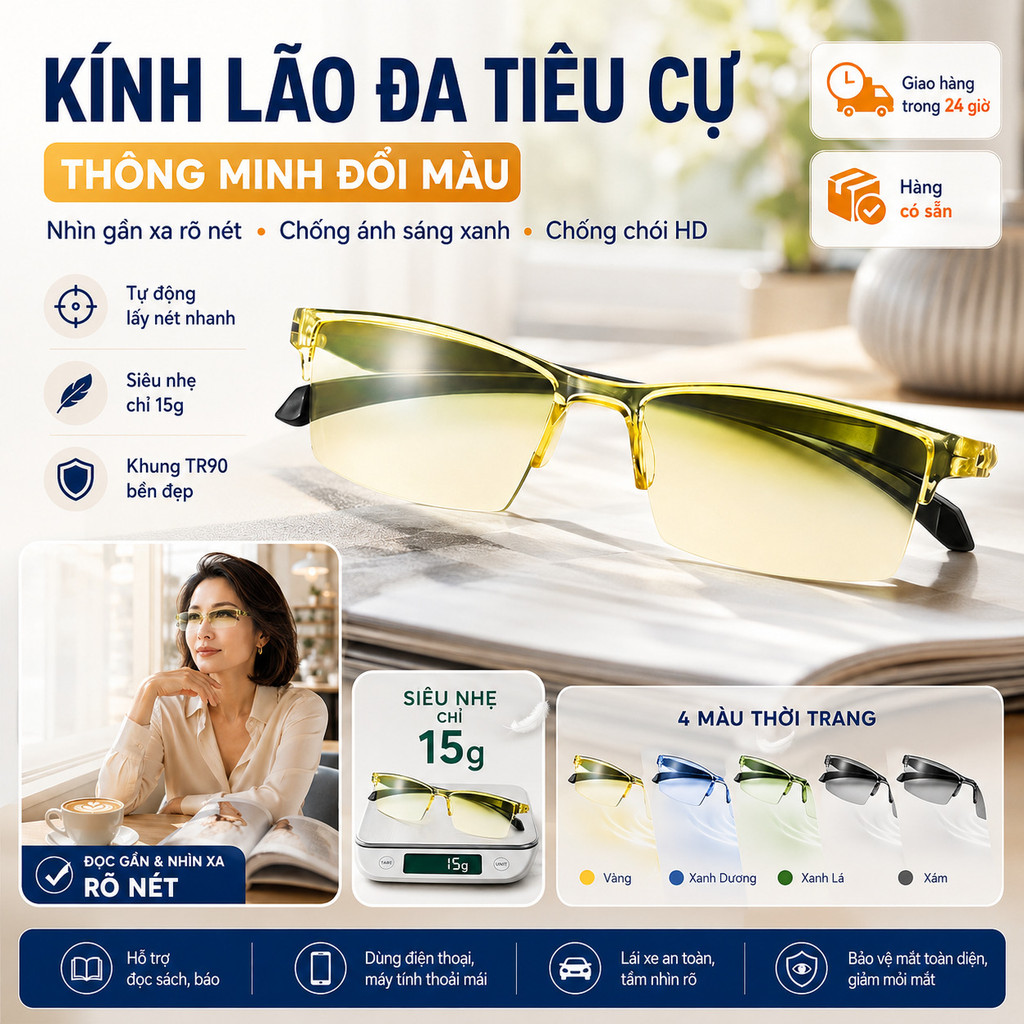 ⚡Kính lão đa tiêu cự thông minh đổi màu | Kính đọc sách tự động chống ánh sáng xanh| Kính lão cao cấp tròng HD chống lóa