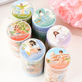 ENWEI 65mm * 2m 1 Cuộn [Dòng Nhật Ký Ngày Lễ] Phong Cảnh Kỳ Nghỉ Minh Họa Chủ Đề Cô Gái Washi Băng Tạp Chí Chất Liệu Dán Thêu Sò Trang Trí