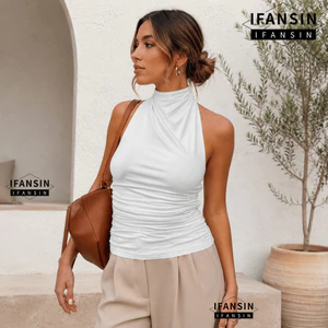 Áo thun không tay IFASIN, Áo ba lỗ nữ bằng vải Polyester màu trơn, Áo ba lỗ cổ cao ôm vừa vặn cổ mùa hè