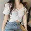 Áo thun cổ điển hình nấm viền mỏng hình rốn mùa hè Phong cách mới màu trắng gợi cảm Tight-F