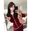 Bộ đồ ngủ bán chạy livestream xuất khẩu, bộ đồ ở nhà nữ tay dài kiểu cardigan viền ren giữ ấm vải dê nhung