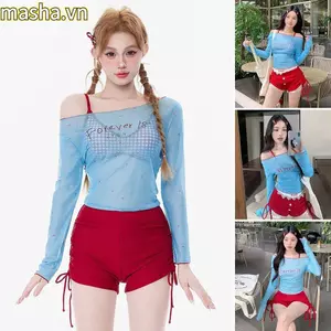 Bộ Bikini 4 Cái / bộ, Bộ đồ bơi nữ dài tay Y2k, Áo Crop top chống nắng thêu màu xanh mùa hè