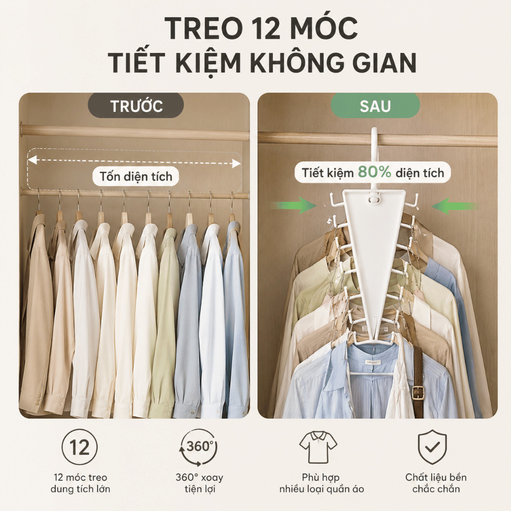 Móc Treo Quần Áo 12 Móc Đa Năng HOMIE,Giá Treo Phụ Kiện Xoay 360 Tiết Kiệm Không Gian,Chịu Lực Tốt