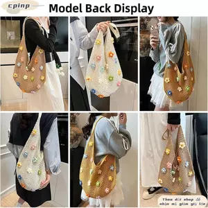 Túi đeo vai dệt kim CPINCP, Túi xách Tote phong cách Bohemian hoa, Chất liệu nhẹ thời trang Túi dệt kim móc rỗng dành cho nữ