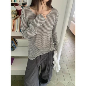Loose Casual All-Match Tencel Linen Sọc Dài Tay Rời Áo Thun Top Nữ Mùa Hè Chống Nắng Mỏng T