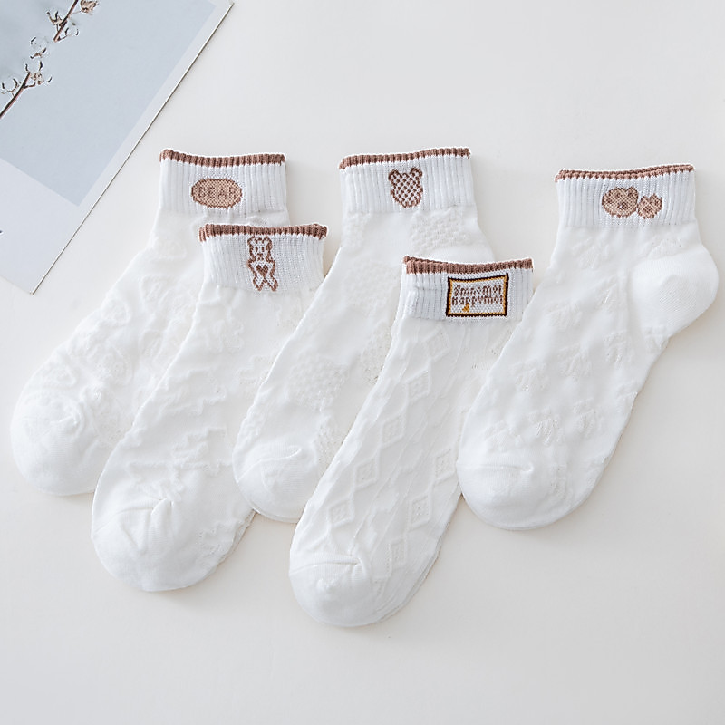 Set 5 đôi tất cổ ngắn nữ, vớ nữ hoạt tiết thỏ gấu chất vải cotton co giãn bốn chiều thoáng khí