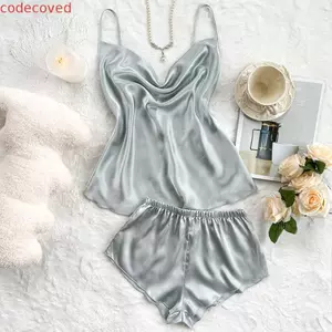 Bộ đồ ngủ bằng lụa Satin CODECOVED Sling, Váy ngủ hai mảnh không tay dáng rộng, Thời trang băng lụa cổ chữ V Quần áo gia đình Quần short yếm Váy ngủ nữ