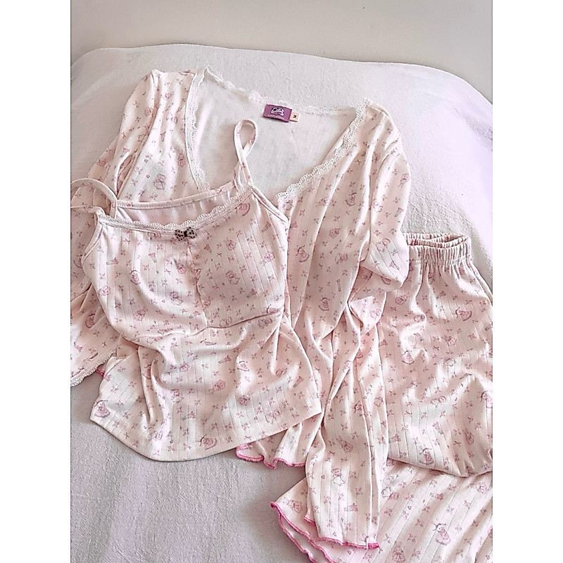 𝙡𝙪𝙡𝙡𝙖𝙗𝙞𝙣.𝙨𝙡𝙚𝙚𝙥𝙬𝙚𝙖𝙧 | Camelia Set | Set cardigan 3 món chất liệu cotton thông hơi mềm mịn hoạ tiết coquette ballet core