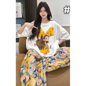 Bộ đồ ngủ dài tay in hình hoạt hình dành cho nữ Bộ đồ ngủ có áo ngực tích hợp trong phòng chờ thông thường để nghỉ ngơi hàng ngày trong nhà nhiều mùa