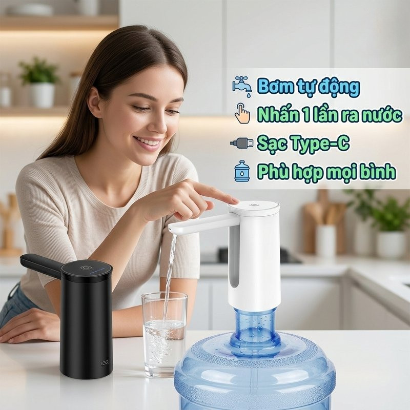Vòi Bơm Nước Tự Động nhấn giữ 1 giây ra nước sạc Type-C chất liệu ABS phù hợp mọi bình nước an toàn