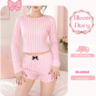 Set đồ ngủ sọc hồng tay dài kèm quần short phối nơ ống xòe, set ngủ tiểu thư chất cotton Loungewear |BD003