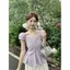 Áo sơ mi tay phồng màu tím phong cách Hàn Quốc dành cho nữ Mùa hè Phong cách mới Slim-fit Slimer Look xếp li Thiết kế sang trọng hàng đầu