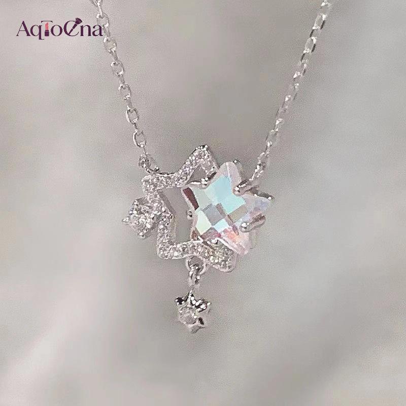 AqToCna Rỗng Kim Cương Giả Đôi Ngôi Sao Nelace Nữ Xương Đòn Dây Chuyền Thiết Kế Cảm Giác Cho Bạn Gái Trang Sức Dự Tiệc Lễ Tình Nhân Quà Tặng AqToCna