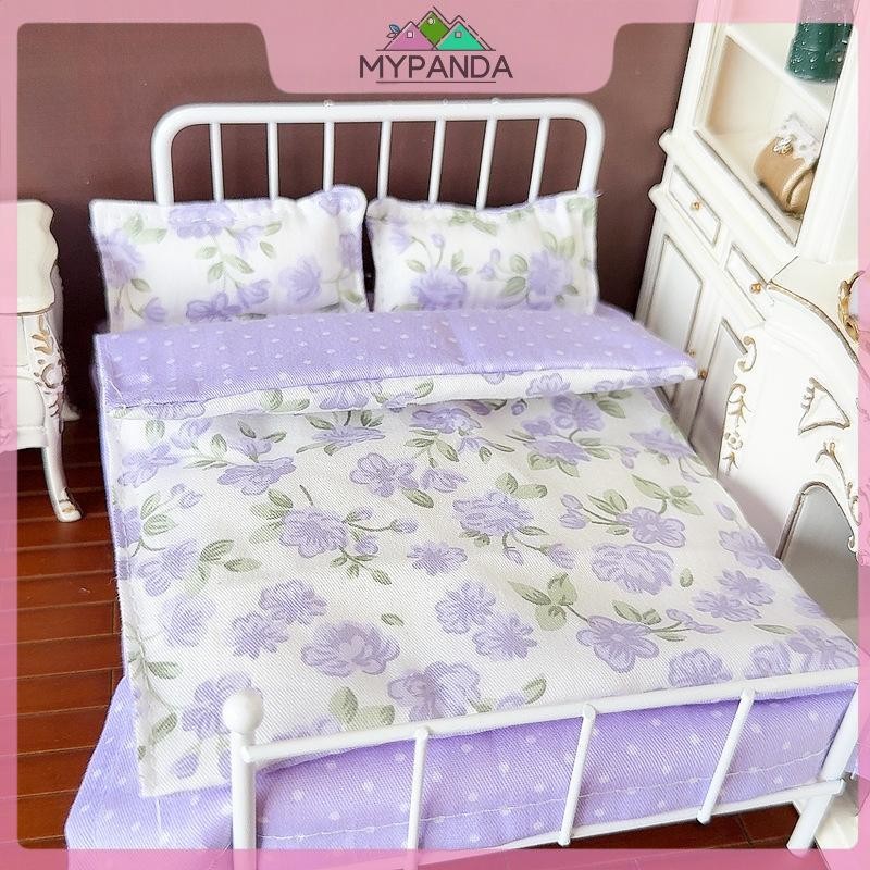MYPANDA Bộ giường thu nhỏ 1/12 cho nhà búp bê: 4 món ga trải, trang trí phòng ngủ búp bê