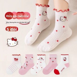 Bộ tất cotton mỏng thoáng khí Hello Kitty cho bé gái – Vớ lưới trung cổ viền hoa dễ thương 5 đôi