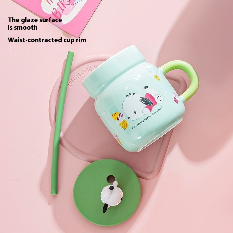 Kawaii Sanrio POCHACCO Cốc Gốm Văn Phòng Cốc Nước Có Ống Hút Dễ Thương Cốc Uống Có Nắp Anime Hoạt Hình Cô Gái Quà Tặng Sinh Nhật
