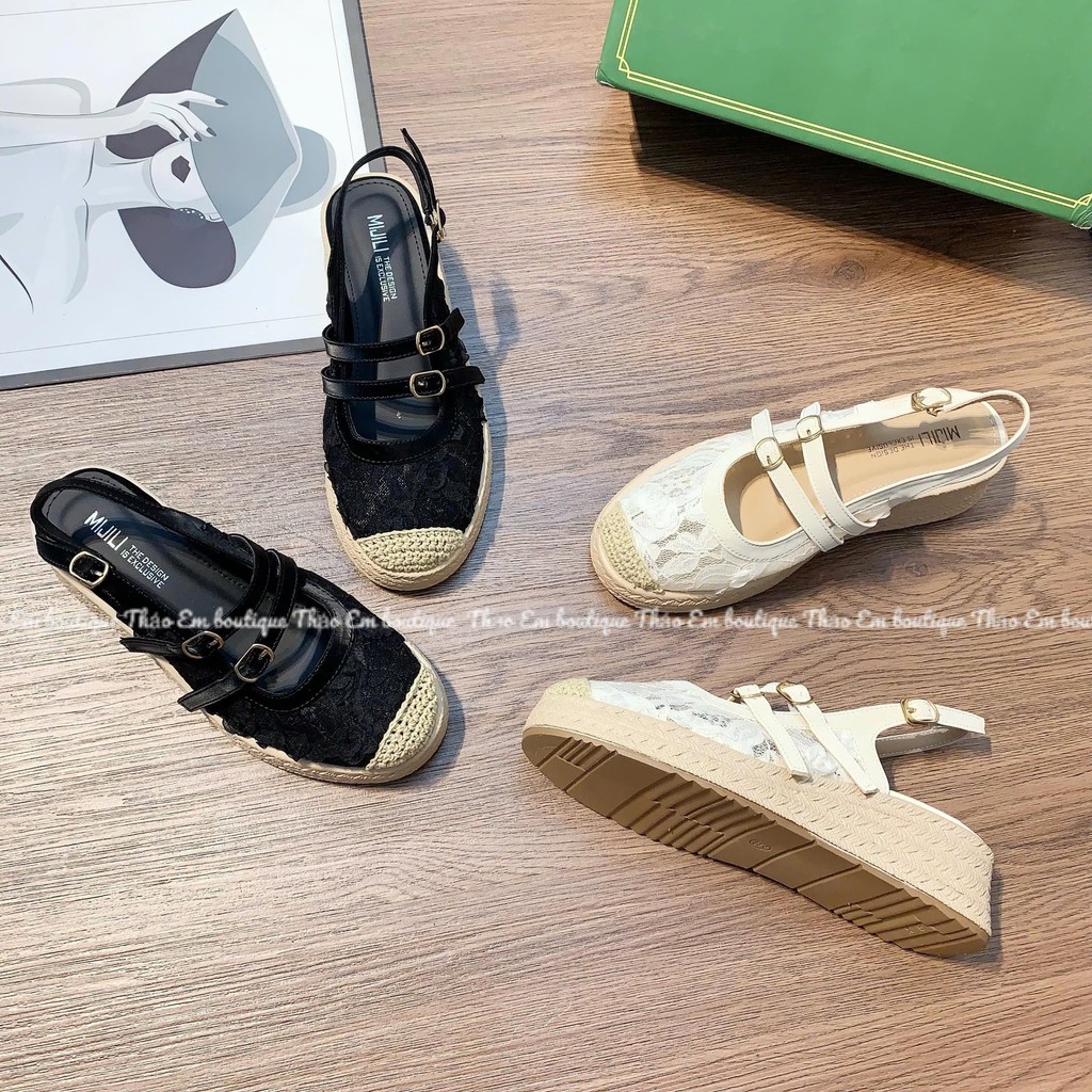 [Thảo Em - XD28-2] Sandal xuồng nữ quai hậu ren lưới đế cói 5cm mẫu mới [Có Sẵn]