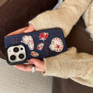 Hàn Quốc Ins Flannel Táo Thêu Trái Cây Vải Denim Đính Hạt Dây Xích Ốp Lưng Điện Thoại iPhone 17Promax 17Pro 14 15 16 Pro Max 13 Chống Sốc Ngọt Ngào Nữ Tính Vỏ Di Động