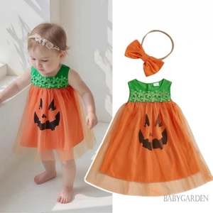 Bé Gái Tập Đi Halloween Xe Tăng Không Tay Cổ Tròn Bí Ngô Mặt In Lưới Đầm Có Băng Đô