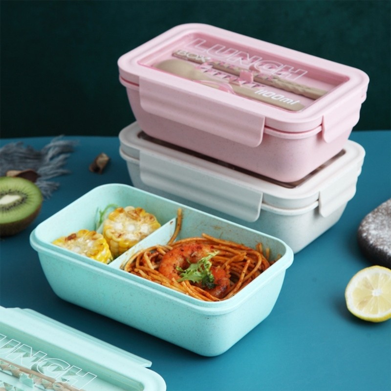 DY Phong Cách Nhật Bản Rơm Lúa Mì Bentos Hộp 2 Ngăn Lò Vi Sóng An Toàn Hộp Đựng Cơm Trưa Có Dụng Cụ Giá Đỡ Cho Văn Phòng Gy