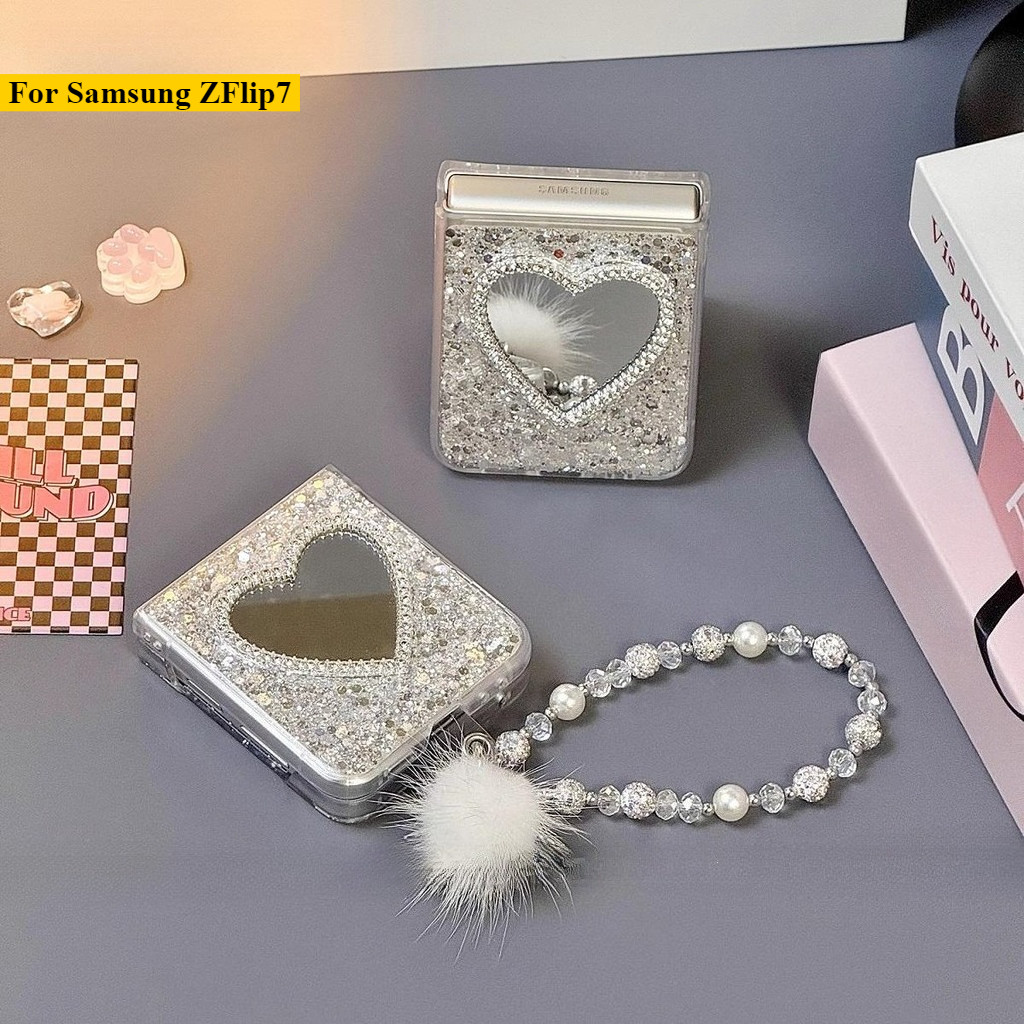 Thích Hợp Cho Samsung Galaxy ZFlip7 5G Bạc Thời Trang Lấp Lánh Gương Tình Yêu Vỏ Điện Thoại Dây Gấp Cho zflip6 zflip5 zflip4 zflip3 Mixflip N2 N3flip Vỏ Bảo Vệ