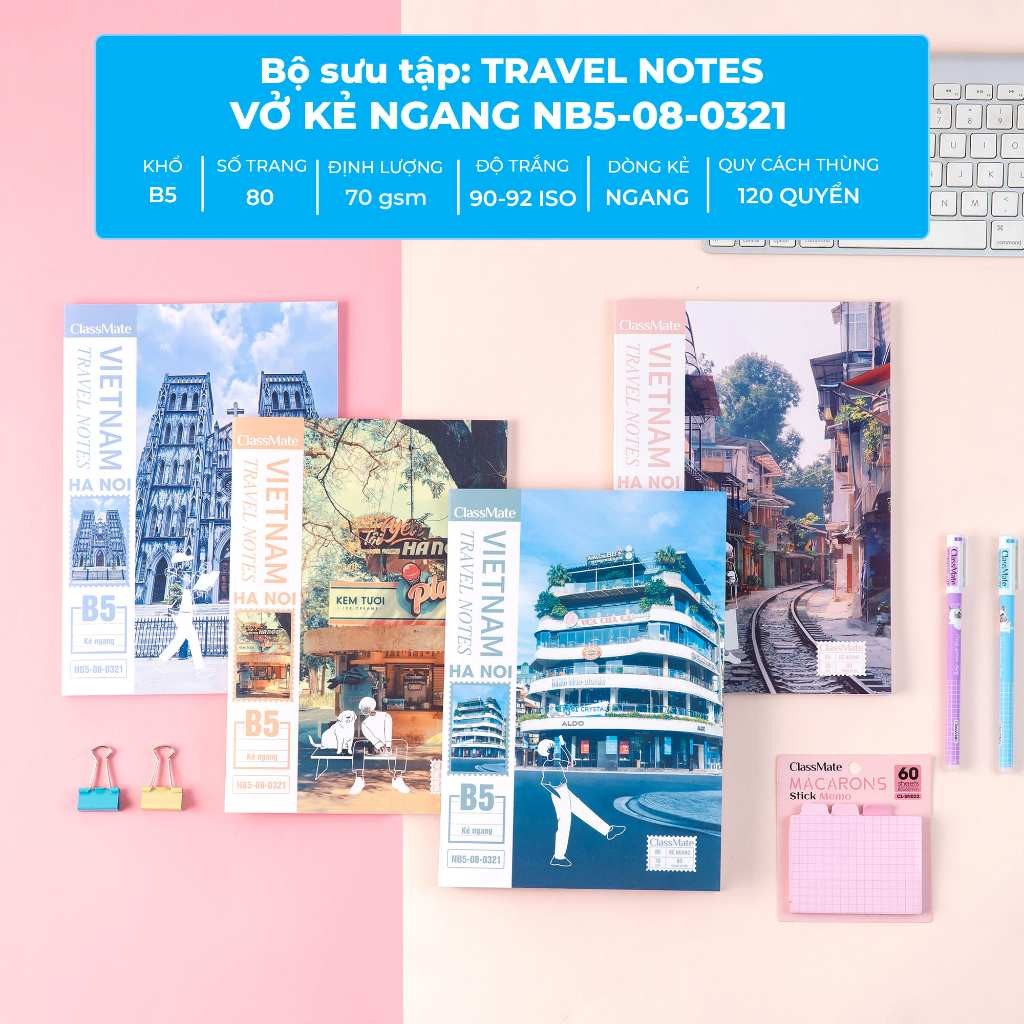 Combo 4 Vở Kẻ Ngang TRAVEL NOTE 70GSM Khổ B5 80/120 Trang Bìa Cán Vân, Vở Cho Học Sinh Viết Bút Gel Không Thấm -AT