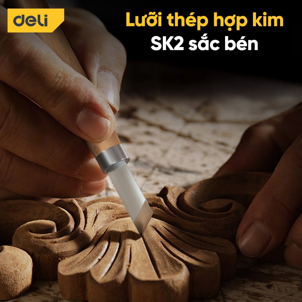 Bộ dao khắc cán gỗ Deli Cao Cấp - Lưỡi SK2 sắc bén - Khắc gỗ, hoa quả, thạch cao, giấy