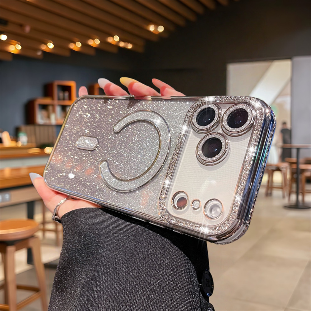 Ốp điện thoại từ tính lấp lánh thời trang cho iPhone 17 Pro Max 13 14 15 16 Pro Max Ống kính bảo vệ Camera Vỏ chống sốc Vỏ mềm TPU Vỏ bảo vệ điện thoại