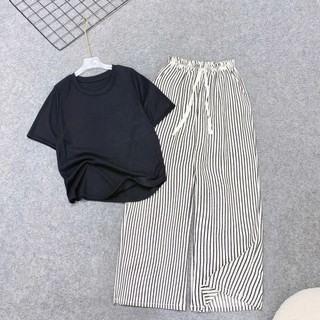 Set Bộ Bigsize Nữ Áo Thun Ôm Body Kèm Quần Kẻ Sọc Ống Suông Mặc Thoải Mái Cho Chubby G244+Q534