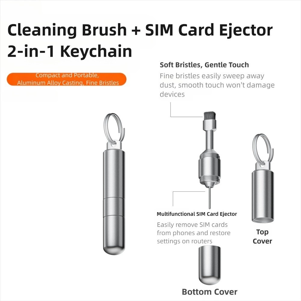 Dụng cụ tháo SIM 2 trong 1 - Bàn chải vệ sinh hợp kim nhôm cao cấp, móc khóa EDC đa chức năng bảo trì điện thoại