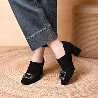 Giày Cao Gót Nữ Mũi Vuông Dày Gót Chân Sâu Miệng Kim Cương Giả