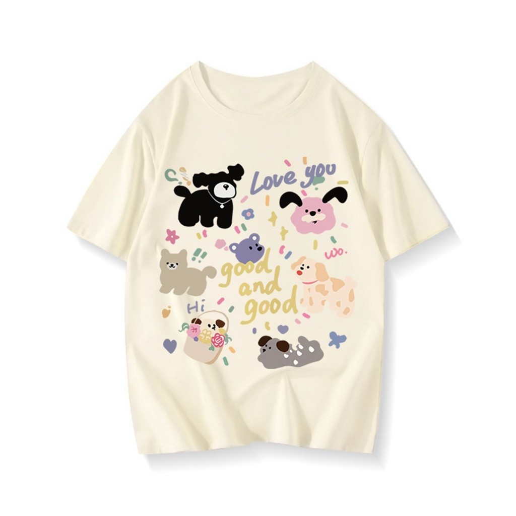 （Giao hàng 24h）Angela Áo phông nữ màu hồng cute dog ashion  áo thun nữ tay lỡ ngắn cổ tròn 100% cotton Y0350
