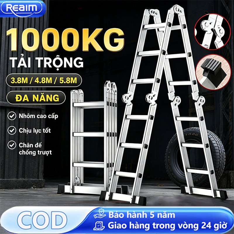 Thang nhôm gấp 4 đoạn REAIM Thang nhôm cao cấp 14 tư thế sử dụng chữ A 2.3M chữ I 4.7M Độ dày 1,3 mm