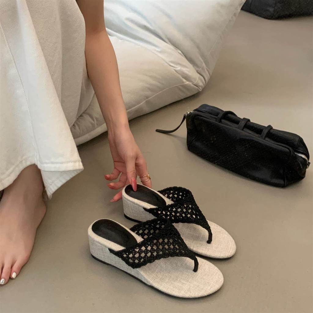 TT Mùa Hè Dệt Rỗng Nêm Gót Lật-Flops Nữ Cao Chống Trơn Trượt Đế Mềm Thoải Mái Cát