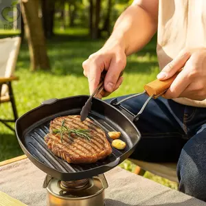Chảo gang ROLY, Chảo nướng dã ngoại chống dính rèn tay, Di động không tráng không nắp Tay cầm bằng gỗ Chảo chiên bít tết BBQ ngoài trời