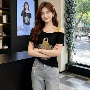 Mùa hè 2026 Phong cách mới Hot-Rhinestone in hình cổ áo thun ngắn tay dành cho nữ Thiết kế cảm giác thon gọn hơn khi đi làm