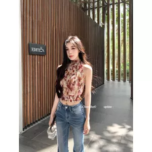 Áo Vest cổ dây hoa cổ điển kiểu Pháp dành cho nữ mùa hè eo hẹp mỏng hơn trông không tay Top Hot Girl xếp li voan