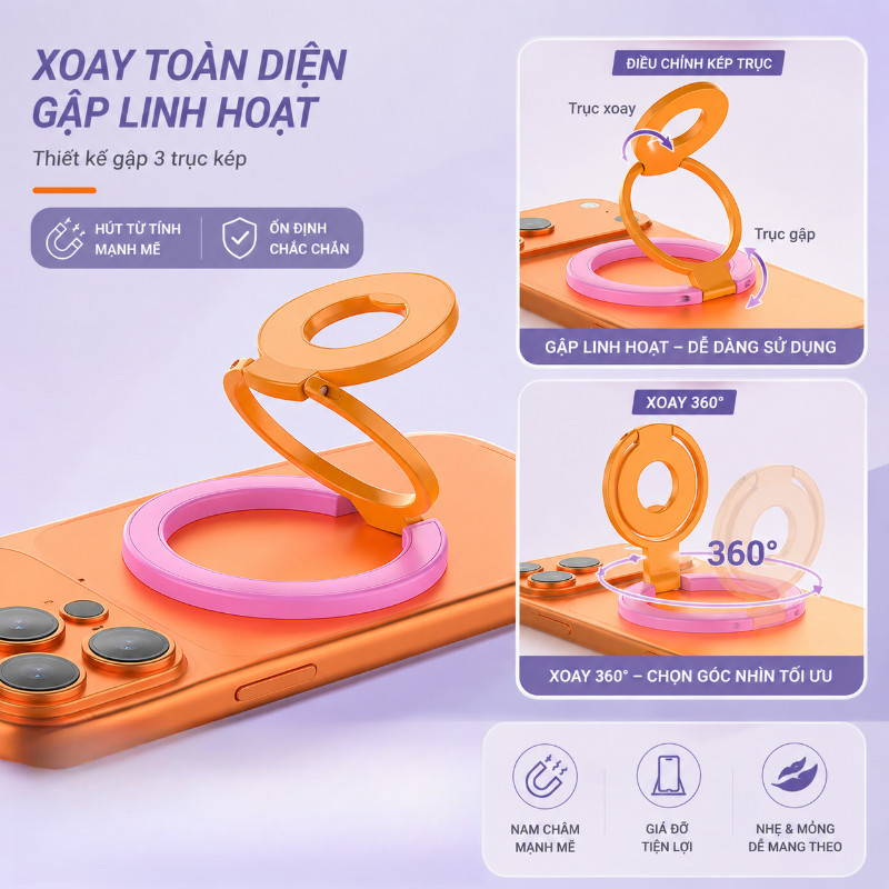 Giá Đỡ Nhẫn Điện Thoại Từ Tính Kép,Khối Màu Dopamine,Chân Đế Gập Chắc Chắn,Dùng cho iPhone và Android