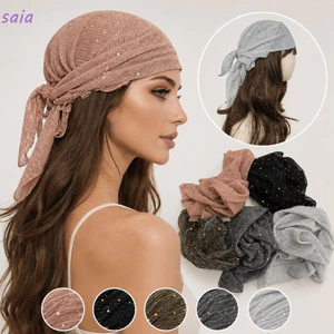 SAIA Bohemia Sequins Turban, Băng đô nhăn màu trơn, Chất liệu thoáng khí thoải mái Vải mềm 60cm * 60cm Bandana Turban Hóa trị bệnh nhân