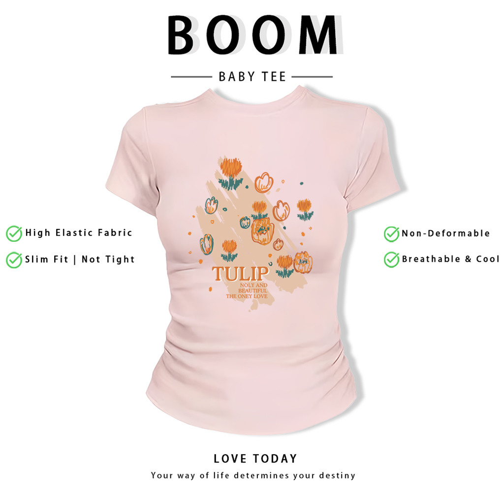 BOOM Áo Baby Tee Nữ Cotton Ôm Body-Áo Thun Ngắn Tay Y2K In Hình PhongCách Mùa Hè, Cổ Tròn Hàng Đầucách hàn quốc phong360
