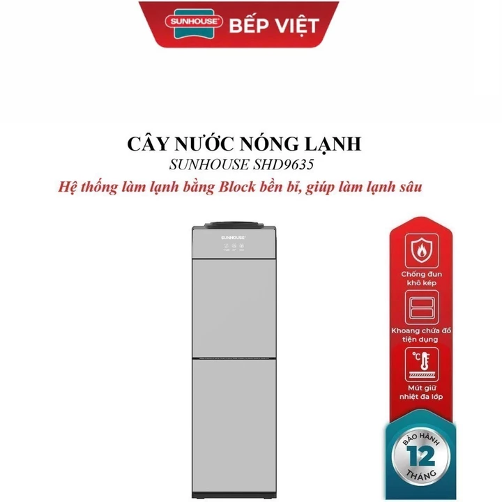 CÂY NƯỚC NÓNG LẠNH SUNHOUSE SHD9635, 3 chế độ nước tiện lợi, Hệ thống làm lạnh bằng block, môi chất R134A,Inox SUS304