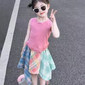 Bé gái (80-140) Phiên bản Hàn Quốc Áo Vest không tay thời trang + Váy ca rô